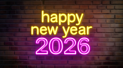 Fototapeta premium Illuminating the transition, Happy New Year 2026 shines brightly against a weathered brick wall, offering a vibrant message of hope and anticipation.