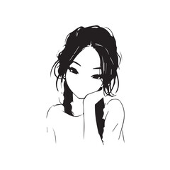 Beautiful Kawaii Girl Black and White Vector Illustration in Cute Simple Line Art Style