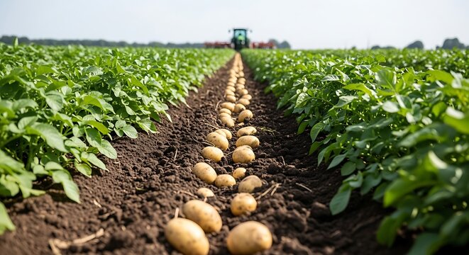A tractor harvests potatoes in a field, with rows of potato plants and tubers visible in the foreground