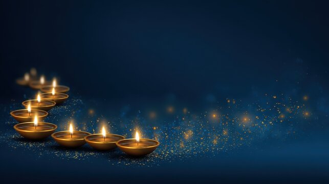 Deepavali or Diwali Festival Background: Row of Glowing Golden Diya Oil Lamps on Dark Midnight Blue with Glitter - Powered by Adobe