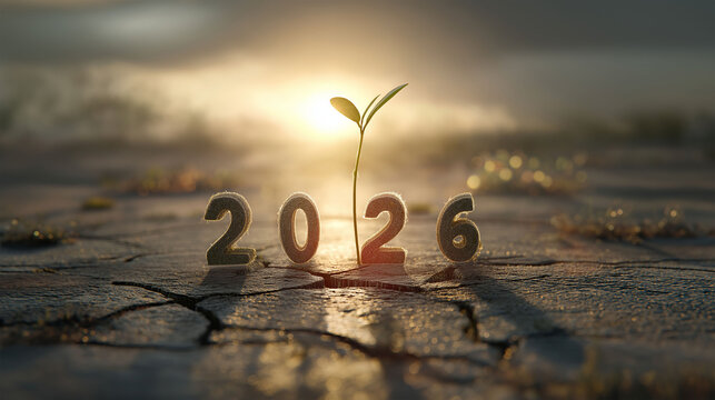 The dawn of a new year, symbolized by the sprouting of fresh life from barren ground, heralding hope and the promise of growth in 2026. 