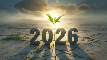A symbol of new beginnings: Year 2026, a resilient plant breaking through the arid ground, under a sunlit sky representing the power of growth, hope, and the relentless cycle of life.