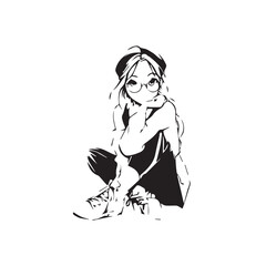 Beautiful Kawaii Girl Black and White Vector Illustration in Cute Simple Line Art Style