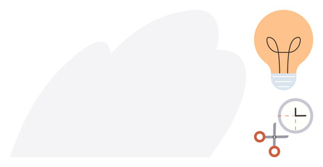 Lightbulb symbolizing creativity, clock for time management, scissors representing precision. Ideal for innovation, productivity, planning, creativity, strategy efficiency teamwork. Simple flat