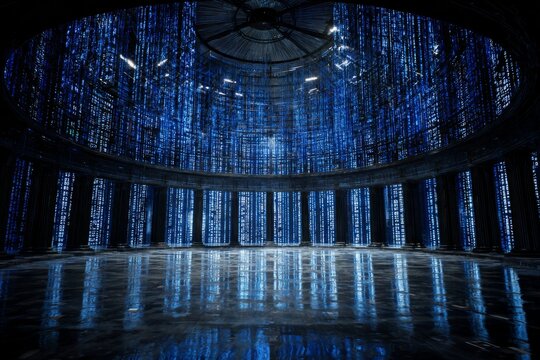Digital cathedral with glowing blue data streams creates a mesmerizing futuristic environment
