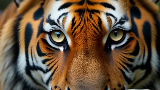 Intense gaze of a tiger showcasing vibrant fur in closeup view at an animal sanctuary, Closeup of tiger's intense gaze showing striking fur pattern and sharp eyes 