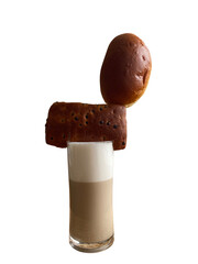 Cappuccino in glass with brown breads breakfast set on white background