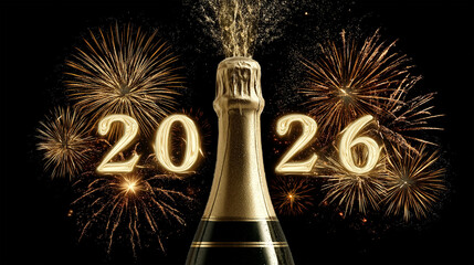 A Festive Celebration: Champagne Bottle Burst with the Year 2026 amid fireworks. A vibrant, celebratory scene showcasing the joyous arrival of the new year, symbolizing new beginnings, prosperity.