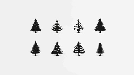 Obraz premium Set of eight diverse evergreen tree silhouettes. Minimalist graphic icon collection with various pine, fir, and spruce forest elements.