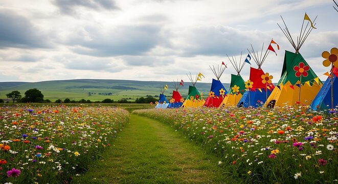 A field of colorful wildflowers leads to a row of vibrant, decorated teepees under a cloudy sky