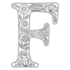 Floral Letter F Coloring Page, Decorative Alphabet Outline with Flowers and Leaves, Botanical Monogram Coloring Design