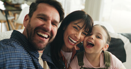 Obraz premium Laughing, portrait and selfie with family on sofa in living room of home for bonding or memories. Funny, photograph or profile picture with woman, father and daughter in apartment for social media