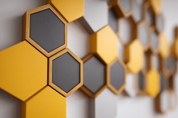 Creative wall display featuring hexagonal shapes in yellow and gray color scheme at modern interior design studio