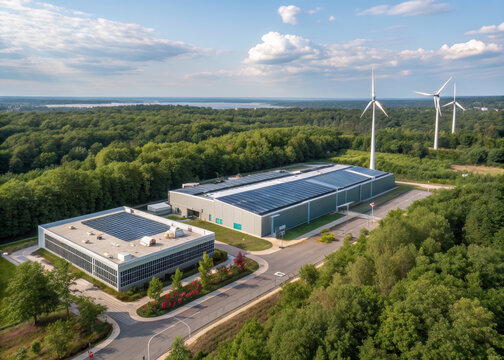 Eco data center renewable energy solar panel wind turbine green roof rainwater reuse sustainable architecture modern building forest summer light - Powered by Adobe