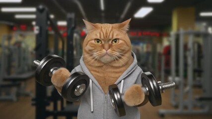 A funny orange cat in a gym holds heavy dumbbell, putting great effort into lifting for a bicep curl exercise. The cat is dressed in a gray hoodie. Gym equipment, weights. Funny pet sport concept