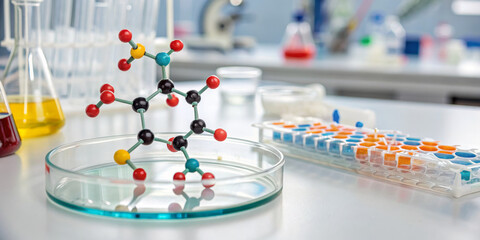 Molecule model laboratory science research chemistry glassware petri dish pipette assay biotech discovery on clean bench, colorful spheres and bonds invite curiosity in bright lab scene