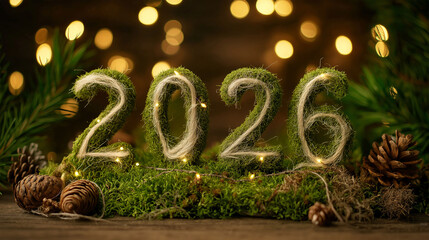 The year 2026 is artfully constructed from natural moss and adorned with twinkling lights. Celebrate the upcoming year.