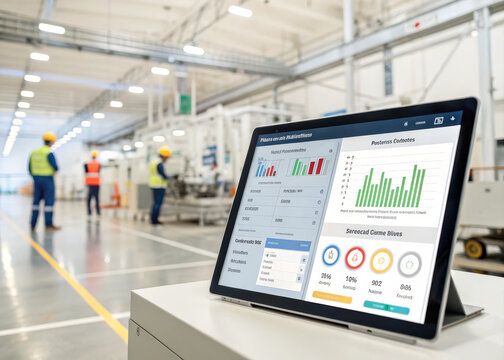 Industrial analytics smart factory manufacturing production line dashboard machine learning data visualization predictive maintenance quality control efficiency - Powered by Adobe