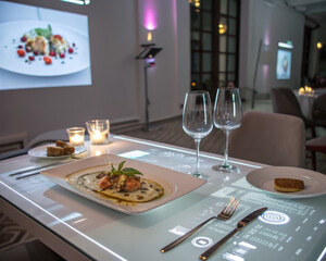 Fototapeta premium Futuristic dining digital table fine dining modern restaurant ambient light gourmet plate wine glasses projection mapping soft glow elegant tableware create sleek mood with innovative tech accents