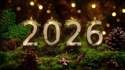 A captivating and inviting image of the year 2026 is elegantly created using natural elements and soft illumination, evoking a sense of celebration and anticipation.
