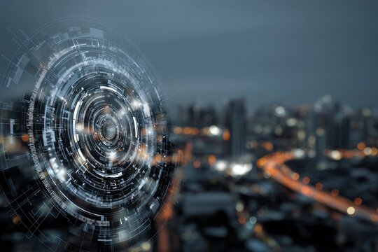 Digital technology concept shows a futuristic city skyline with glowing data patterns and urban lights at twilight