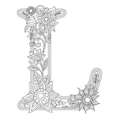 Floral Letter L Coloring Page, Decorative Alphabet Outline with Flowers and Leaves, Botanical Monogram Coloring Design