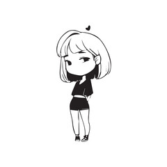 Beautiful Kawaii Girl Black and White Vector Illustration in Cute Simple Line Art Style