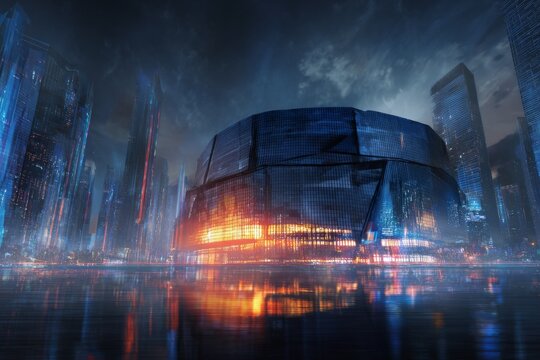 Futuristic city skyline with illuminated architecture at dusk providing an awe-inspiring view of modern urban design - Powered by Adobe