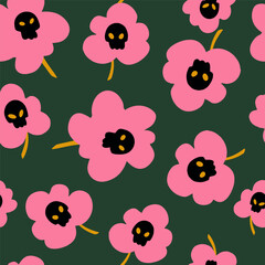 Elegant seamless floral pattern featuring delicate blossoms with a skull hidden inside the central bud. Trendy vector illustration.