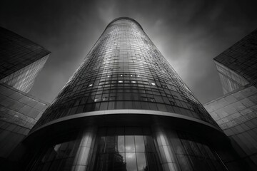 Tall modern building with reflective glass surfaces under cloudy sky showcasing urban architecture in black and white