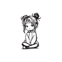 Beautiful Kawaii Girl Black and White Vector Illustration in Cute Simple Line Art Style