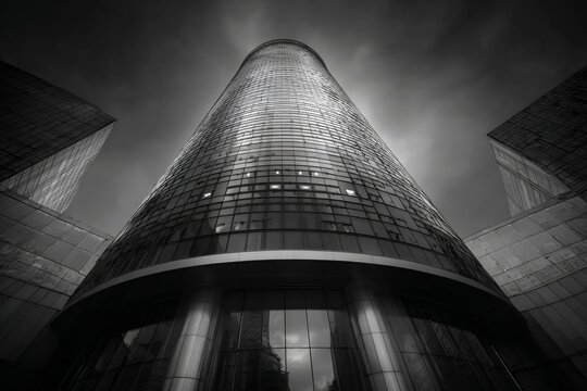 Tall modern building with reflective glass surfaces under cloudy sky showcasing urban architecture in black and white - Powered by Adobe