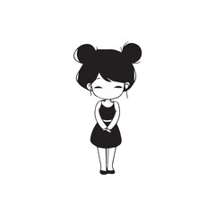 Beautiful Kawaii Girl Black and White Vector Illustration in Cute Simple Line Art Style