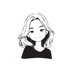 Beautiful Kawaii Girl Black and White Vector Illustration in Cute Simple Line Art Style