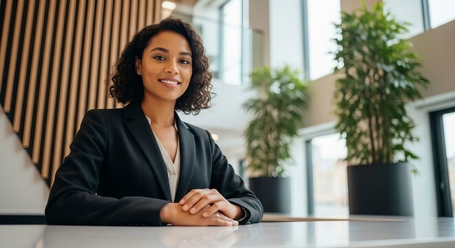 Smiling businesswoman in a modern office with natural light and plants - Powered by Adobe