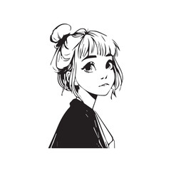 Beautiful Kawaii Girl Black and White Vector Illustration in Cute Simple Line Art Style