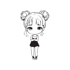 Beautiful Kawaii Girl Black and White Vector Illustration in Cute Simple Line Art Style