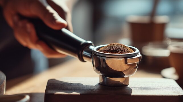 Barista tamping ground coffee — espresso prep detail