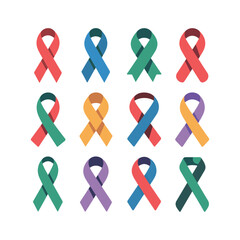 Twelve colorful awareness ribbons in rows on white background support health.
