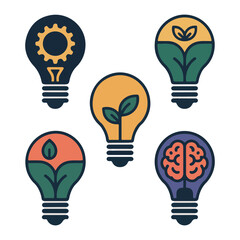 Five stylized light bulb icons with brain gears and graph elements lightbulb idea.
