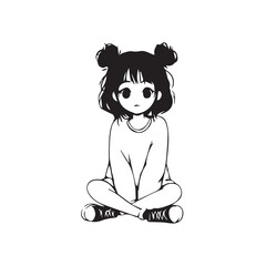 Beautiful Kawaii Girl Black and White Vector Illustration in Cute Simple Line Art Style