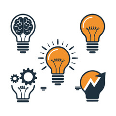 Five stylized light bulbs with different concepts inside idea brain.