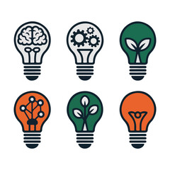 Six diverse light bulb icons representing ideas brain gears nature technology and energy.