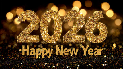 Celebrate the dawn of a new era with a radiant gold-glitter 2026 with bokeh effect. perfect for new year greetings and festive occasions.