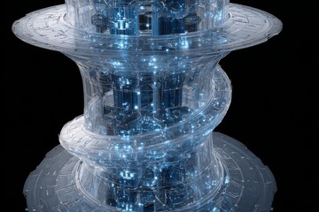 Futuristic structure illuminated with blue lights in a dark space, showcasing modern design elements and intricate details