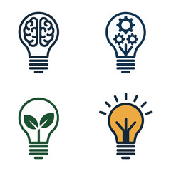 Four light bulb icons representing ideas brain gears plant and light lightbulb concept.