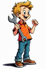 Boy holding a toy wrench with a cheerful expression in a fun setting