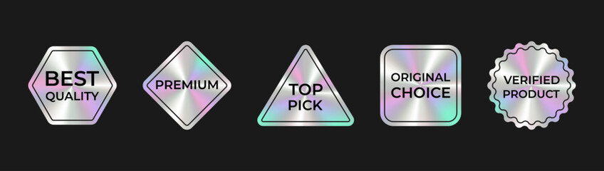 Hologram badges for branding, marketing. Metallic gradient Premium labels. Silver foil texture stickers. Holographic Best quality emblem, original choice, top pick, verified product.