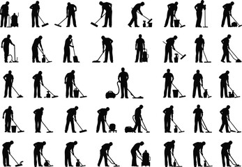Cleaning worker silhouettes, janitor icon set, mop sweep vacuum vector, maintenance staff graphic, black white design, organized grid