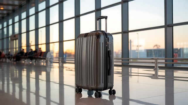 Silver Rolling Suitcase in Airport Terminal with Sunset Light and Airplanes 